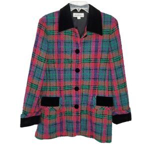 Saks Fifth Avenue Plaid Blazer Jacket 10 Black Green Pink Tweed Velvet Preppy